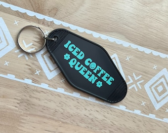 iced coffee queen vintage motel keychain, retro keychains, motel key ring, trendy, gifts for her, car accessories, coffee lover