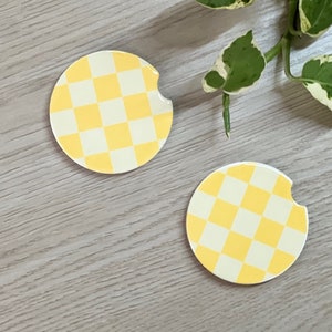 Geel geruite auto Coaster, schattige auto Coasters, auto-accessoires, cadeaus voor haar, set van twee