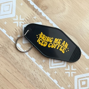 bring me an iced coffee vintage motel keychain, retro keychains, motel key ring, trendy, gifts for her, car accessories, coffee lover