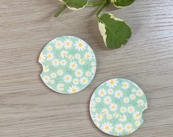 Bilunderlägg med gröna tusenskönor, söta bilunderlägg med blommor, biltillbehör, presenter till henne, set om två