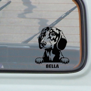 dachshund custom name dog decal, car decal, dog face, dogs, vinyl, laptop, hydroflask, phone, suv, truck, boat, motorcycle, sticker