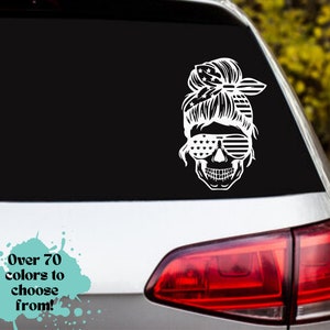 Messy Bun Skeleton Car Decal: American Flag Glasses Vinyl Sticker