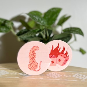 Cheetah & Flaming Dice Car Coaster, Cute Car Coasters, Car Accessories, Gifts for Her, Set of Two