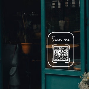 personalized qr code decal, custom window qr code, storefront qr code vinyl decal, store hours, business logos, signage, custom advertising