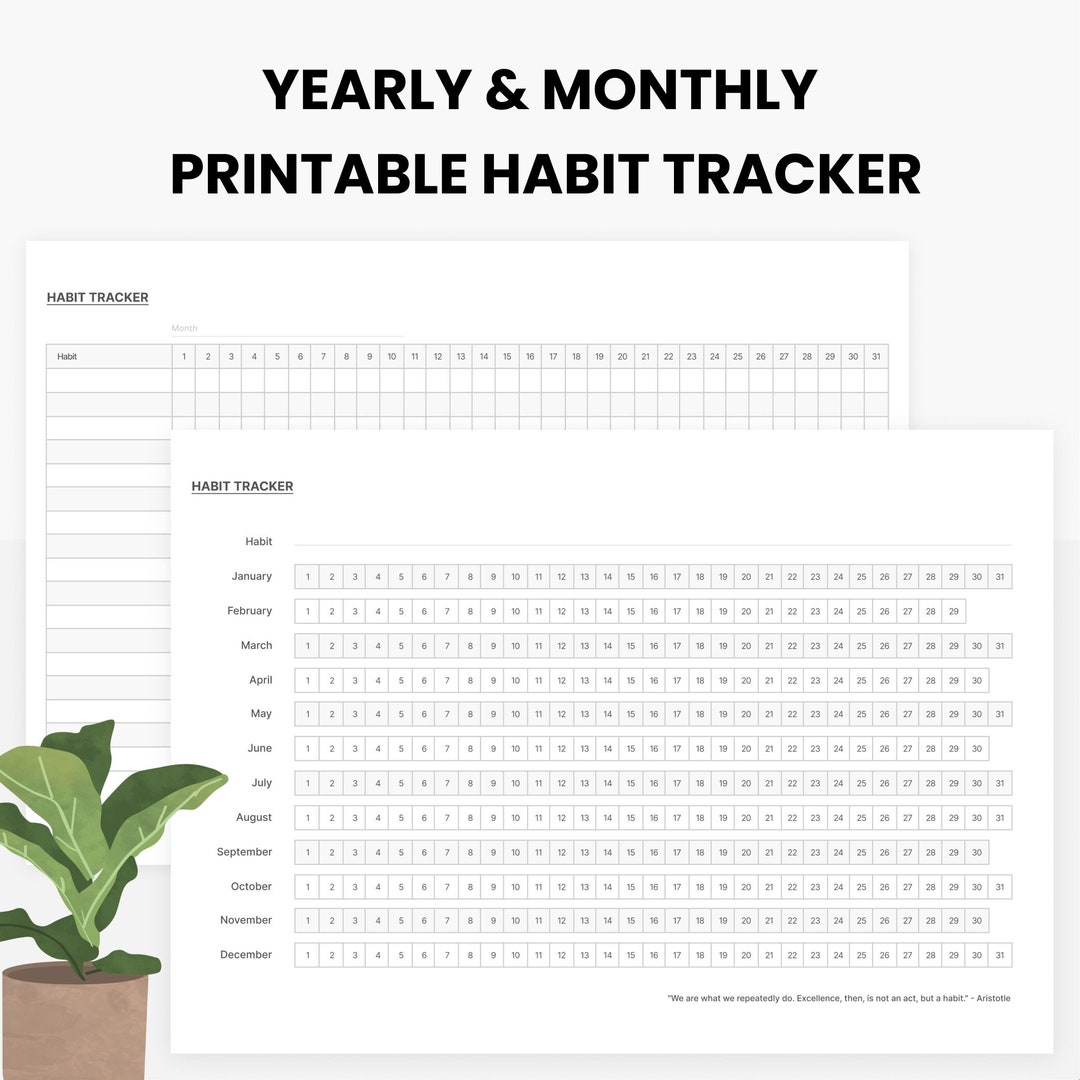 Yearly & Monthly Printable Habit Tracker Landscape Habit Tracker Habit