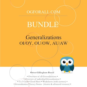 May include: A yellow background with a blue owl illustration. The text "OGFORALL.COM" and "BUNDLE" are in white. The text "Generalizations" is in black. The text "OI/OY, OU/OW, AU/AW" is in black. The text "Orton Gillingham Based" is in black. The text "Overview of all Generalizations" is in black. The text "Overview of individual Generalization" is in black. The text "3 x 5 Card Cloud Sheet Worksheets (with answers)" is in black. The text "Generalization Fluency Stories (shorter & advanced versions)" is in black.
