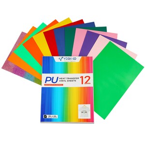 May include: A pack of 12 heat transfer vinyl sheets in various colours, including green, orange, pink, purple, and blue. The sheets are 12 inches by 8 inches and are made of high-quality PU material. The packaging features a rainbow design and the text "PU Heat Transfer Vinyl Sheets 12 Sheets".