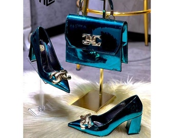 Matching Shoes And Bag Set for Women - Top Handle Bag - Shoulder Bag with Chain - Low Heel Stylish Shoes - Big Us Size 6 7 8 9 10 11 12