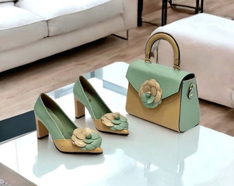 Matching Shoes And Bag Set for Women - Top Handle Bag - Shoulder Bag with Strap - Block Heel Shoes - Big Us Size 6 7 8 9 10 11 12 13