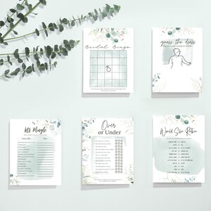 Gold Watercolor Foliage Set of 5 Printable Bridal Shower Games | Featuring Curvy Guess the Dress | Bundle of 5 Templates for Wedding Shower