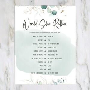 Gold Watercolor Foliage Would She Rather | Printable Bridal Shower Game | Wedding Shower Trivia | Editable Game for Bridal Shower Brunch