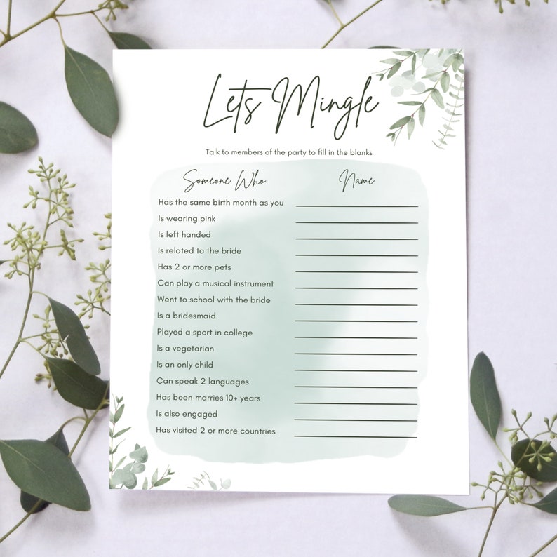 Eucalyptus Lets Mingle Printable Bridal Shower Game Etsy