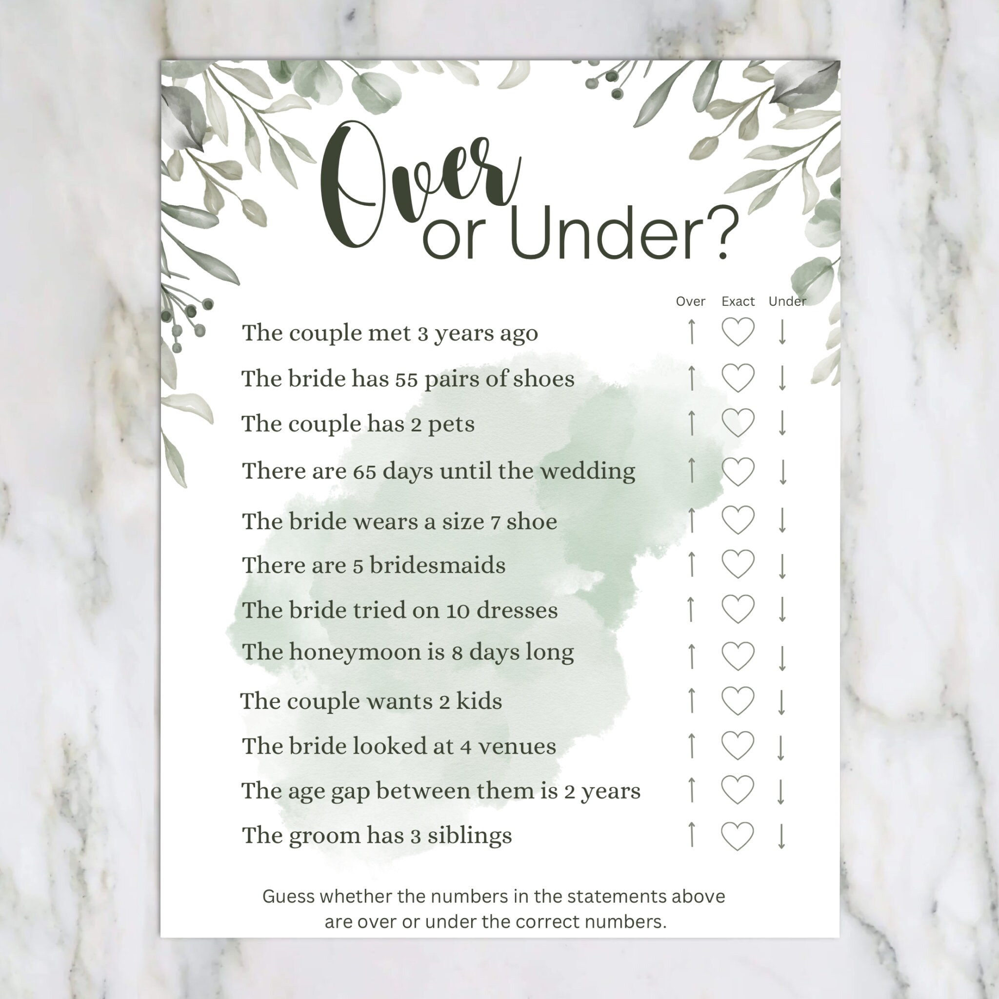 Sage Over or Under Printable Bridal Shower Game Sage Wedding Etsy