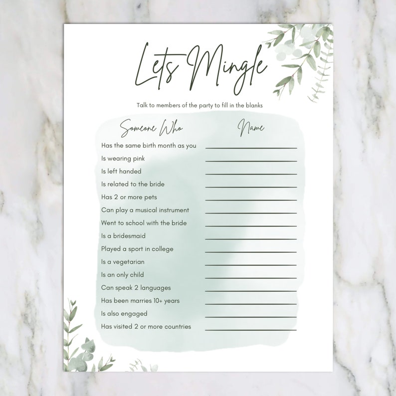 Eucalyptus Lets Mingle Printable Bridal Shower Game - Etsy