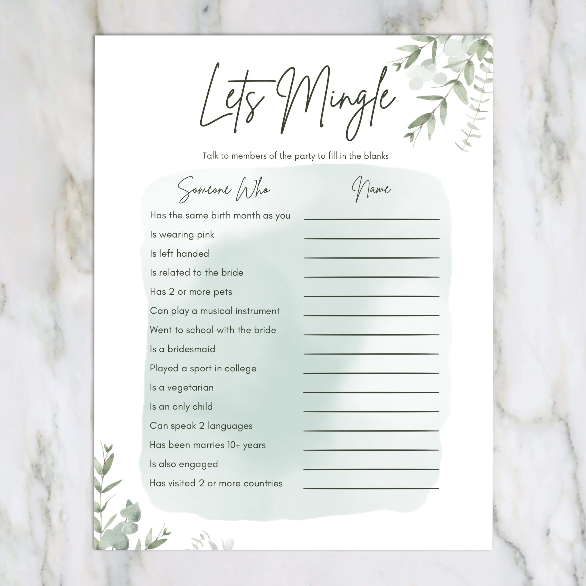 Eucalyptus Lets Mingle Printable Bridal Shower Game Etsy