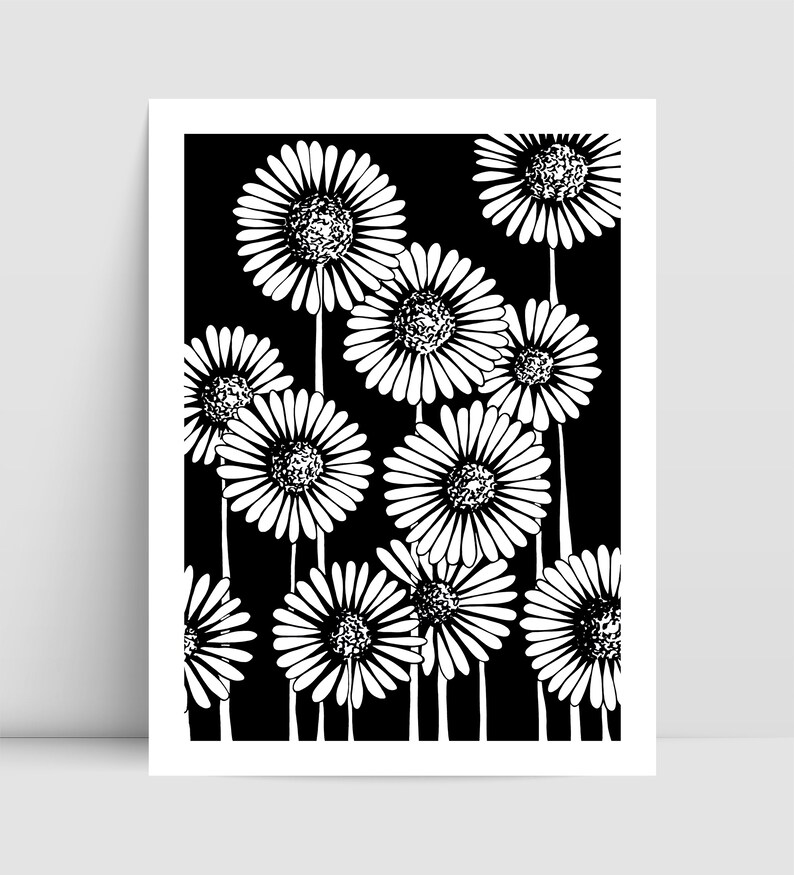 LES MARGUERITES en noir et blanc Illustration imprimée à encadrer, impression d'art, amateurs de fleurs, impression art mural image 2