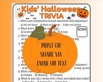 Kid's Halloween Quiz, Kid Friendly Halloween Trivia, Children's Trivia, Halloween Printable Game, Halloween Party Games, Halloween Games