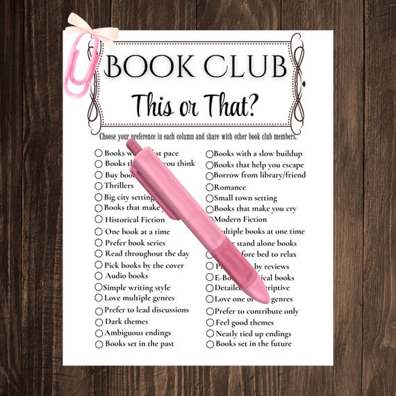 Book Club Games, Book Club Icebreaker, Book Club Activities, Get to Know You, Bookclub This or That, Book Club Printable, Ice Breaker Games
