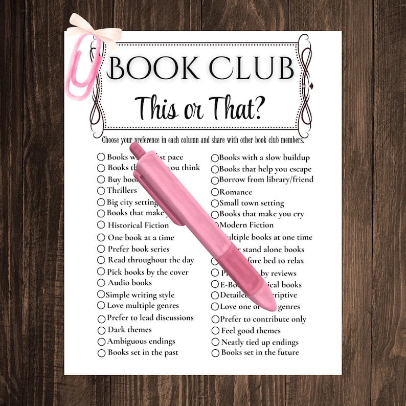 May include: A printable "This or That?" game for book club members. The game features a list of questions about book preferences, such as "Books with a slow buildup" or "Books that make you cry".