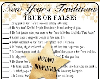 Nieuwjaar trivia-spel, afdrukbare nieuwjaarsspellen, oudejaarsavondspel, nieuwjaarstrivia, nieuwjaar 2025, NYE-spellen, gelukkig nieuwjaar afdrukbaar
