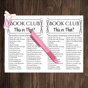 May include: A printable book club game titled "Book Club This or That?" The game asks players to choose their preference between two options for various book-related topics, such as pace, setting, and writing style.