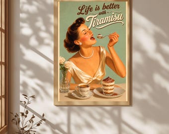 Vintage Tiramisù Poster, Retro Italian Dessert Wall Art, Coffee Kitchen Print, Italian Café Decor Foodie Gift Espresso Bar Art