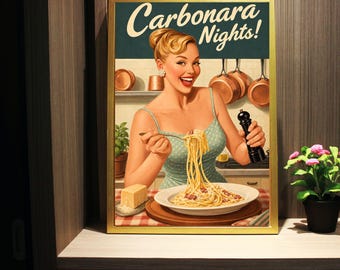Decoración de pared de carbonara, decoración de pared para cocina italiana, lámina de Noches de Carbonara, póster vintage de comida italiana, decoración de cocina retro, regalo para amantes de la pasta