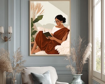 Mulheres indianas de sári lendo arte de livros, arte de parede indiana, arte Desi, arte sul-asiática, garota tâmil, garota morena, gravura de mãe-planta, arte de amantes de livros
