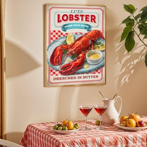Lobster Print Kitchen Art Seafood Vintage kitchen art Grandmillennial wall art Vintage fish Cottagecore wall art Colorful Lobster Print