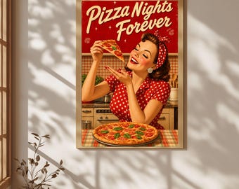 Decoración de pared con temática de pizza, decoración de pared para cocina italiana, lámina "Noches de pizza para siempre", póster retro de comida italiana, decoración de cocina vintage, regalo para amantes de la pizza.