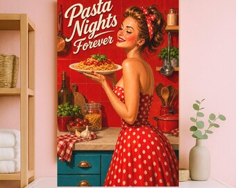 Lámina retro "Noches de pasta para siempre" / Póster vintage de comida italiana de los años 50 / Arte de pared pin-up para la cocina / Regalo para amantes de los espaguetis
