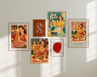 Conjunto de arte para la pared de la cocina, arte para la barra de café, arte para el comedor, lámina de arte retro de pasta, cocina de los años 50, póster de comida italiana