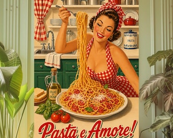 Póster vintage de pasta, arte mural de espaguetis, lámina de cocina italiana, arte retro de comida, decoración mural Pasta e Amore, comida italiana (descarga digital)