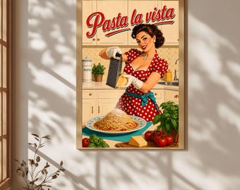Arte mural de pasta, arte mural de cocina italiana, póster de espaguetis, lámina Pasta La Vista, arte vintage de comida italiana, decoración de cocina retro