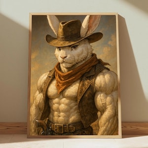 Western Cowboy Painting, rabbit cowboy print, beige brown western art, bunny neutral mens room animal wall art, cowboy hat art prints