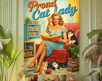 Proud Cat Lady Reading Illustration, Retro Woman Art Print