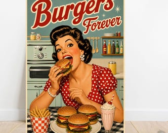 Burger Wall Art, Retro Kitchen Wall Art, Vintage Burger Poster, Fast Food Print, Diner Kitchen Decor, Burgers Forever, Burger Lover Gift