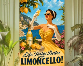 Arte mural de limoncello, arte mural para cocina italiana, póster de limones de la Costa Amalfitana, lámina de viaje italiana vintage, decoración mediterránea