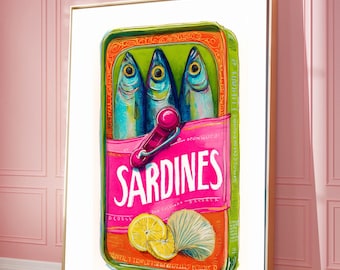 Sardine Tin Painting Print, Retro Kitchen Art Poster