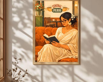 Arte de mulher indiana de sari lendo um livro, arte de parede indiana, arte desi, arte sul-asiática, impressão artística de cafeteria nova-iorquina dos anos 90, arte inspirada em Friends