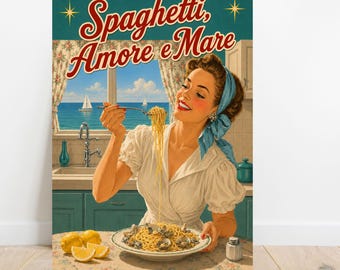 Arte mural para cocina italiana, póster de espaguetis, lámina vintage de comida italiana, arte mural retro de pasta, decoración de cocina mediterránea