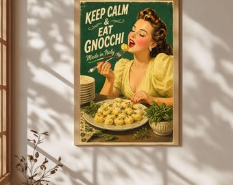 Cuadros de ñoquis, arte mural para cocina italiana, lámina "Keep Calm & Eat Gnocchi", póster vintage de comida italiana, decoración retro para cocina.