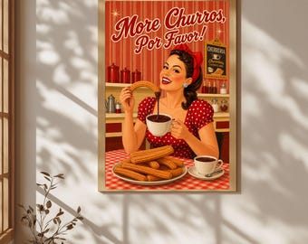 Decoración de pared con motivos de churros, arte para la cocina española, póster vintage de churros, lámina retro de comida, decoración de cocina, arte culinario español, regalo para amantes de los churros