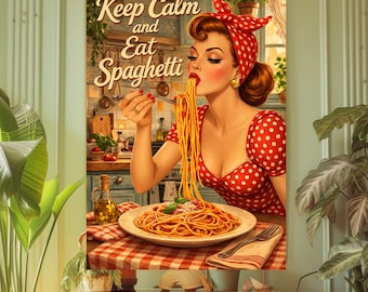 Vintage Italian Poster: Woman Eating Spaghetti, Retro Kitchen Art
