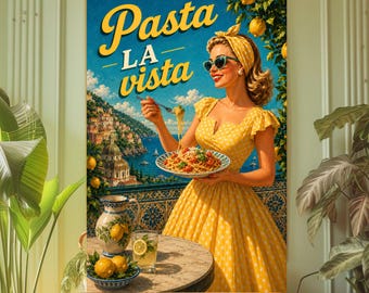 Lámina retro italiana "Pasta La Vista" / Póster vintage de los años 50 de la Costa Amalfitana / Divertido arte mural de pasta / Decoración de comida italiana