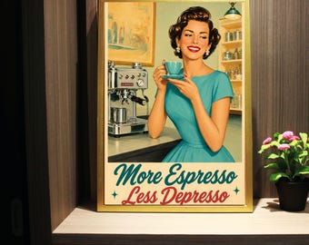 Decoración de pared con temática de café, lámina "Más espresso, menos depresión", póster retro de café, decoración vintage para cafetería, decoración de pared para cocina, regalo para amantes del café.
