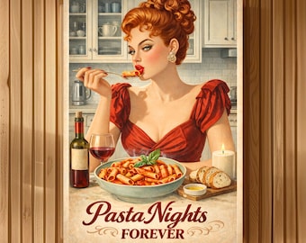 Vintage Italian Poster: Woman Eating Pasta, Retro Kitchen Art Funny Housewife Prints