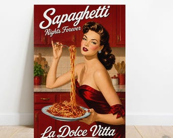 Decoración de pared con espaguetis, arte mural para cocina italiana, póster vintage de pasta, lámina retro de comida italiana, decoración La Dolce Vita, regalo para amantes de la pasta