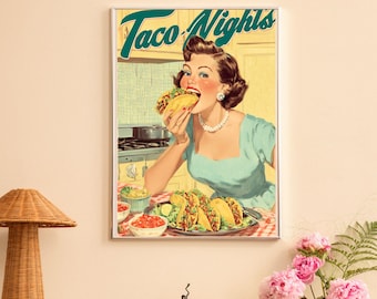Tacos Night Art Print: 50s Kitchen, Italian Food Poster, Retro Kitchen Print, Vintage Cooking Art, Retro Wall Art Gift Ideas