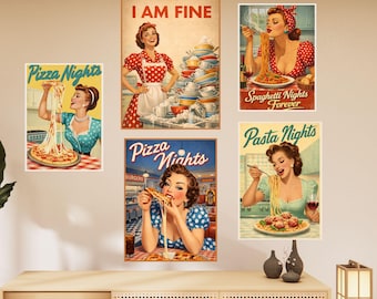 Zestaw dekoracji ściennych do kuchni, grafika do kawiarni, grafika do jadalni, wydruk artystyczny z makaronem w stylu retro, kuchnia z lat 50., plakat z włoskim jedzeniem